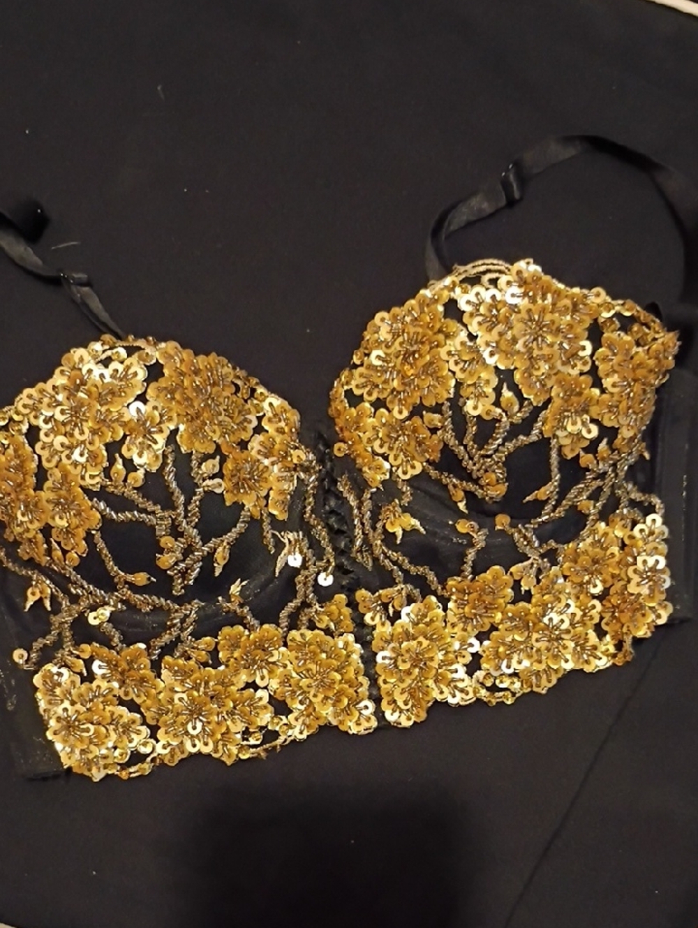 bebe Black Bra with Gold Sequin Floral Embroidery